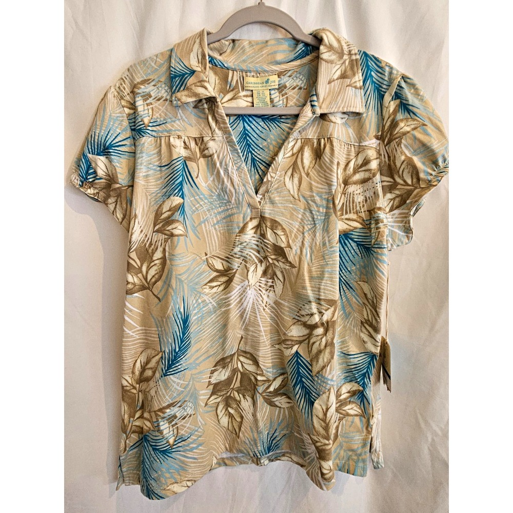 Caribbean Joe Floral Top Womens XL Beige NWT Short Sleeve Collared Knit Pullover